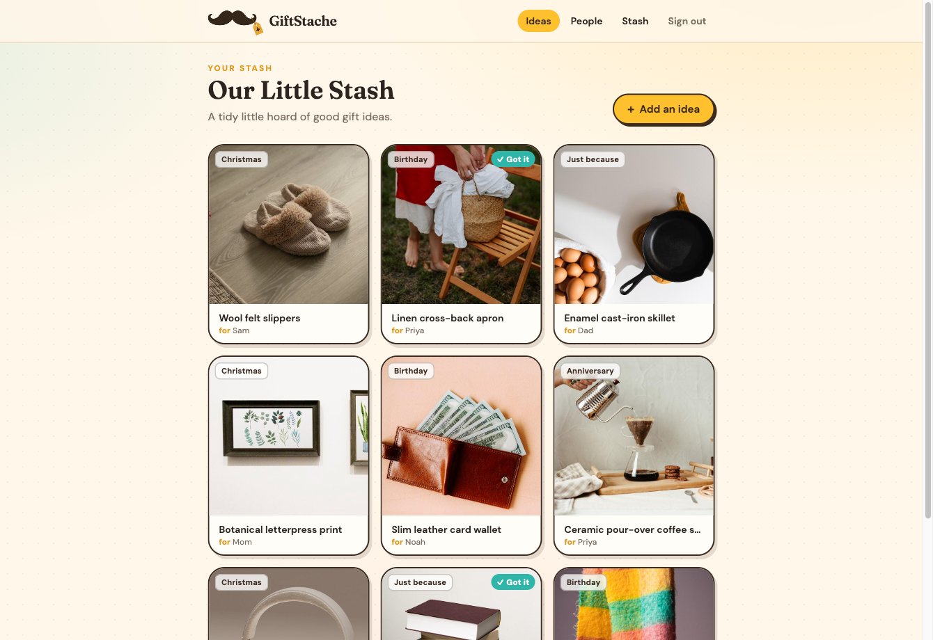 Browsing a stash of gift ideas in GiftStache
