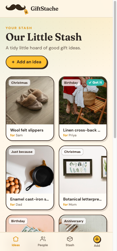 The GiftStache app — a stash of gift ideas